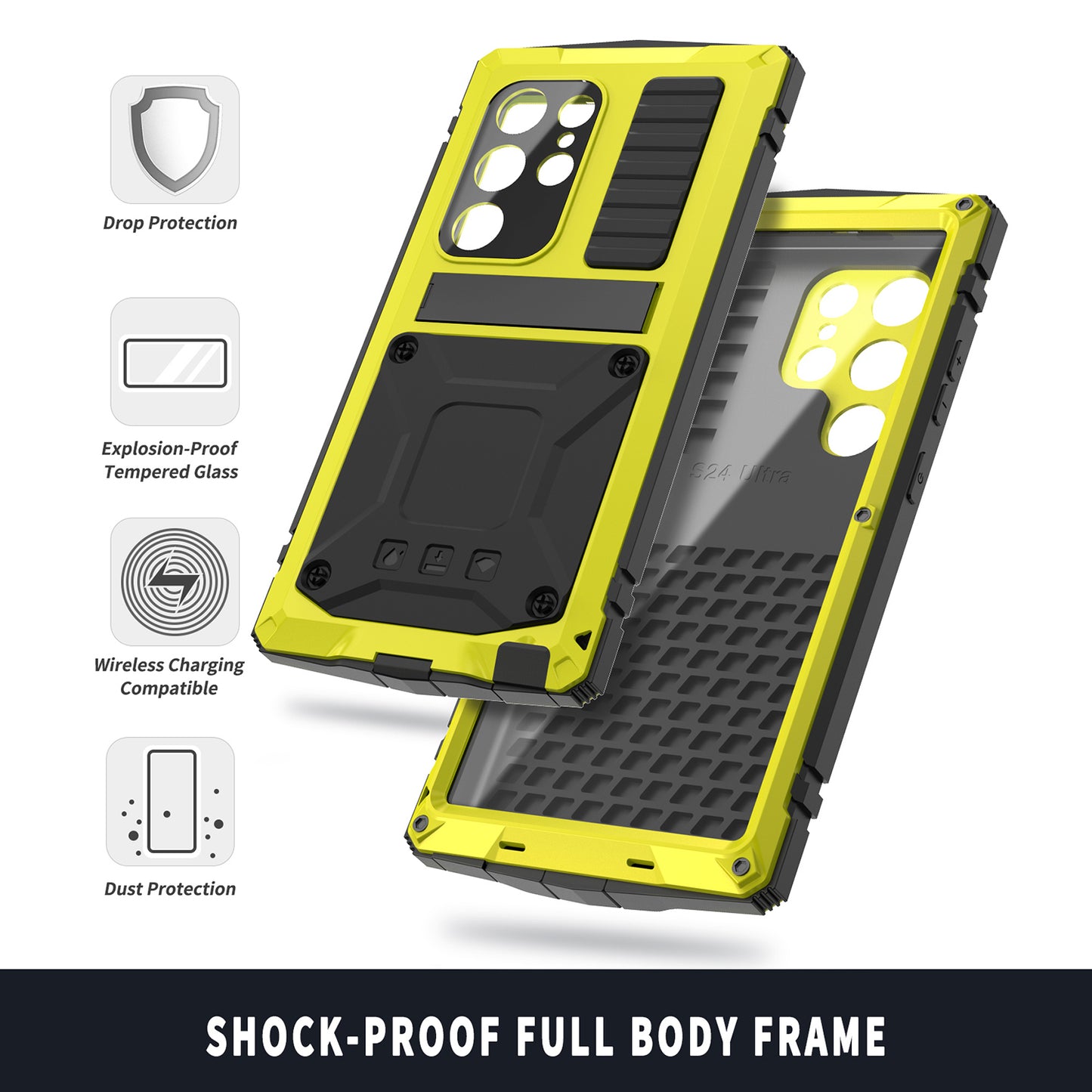 R-JUST Yellow Phone Case Full Protection Cover with Kickstand - For Samsung Galaxy S24 Ultra