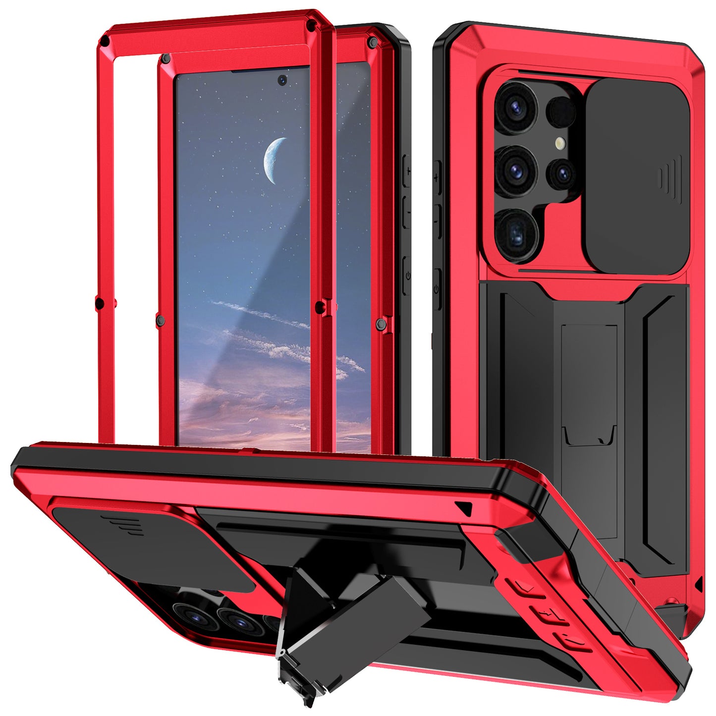 R-JUST Red Case PC + Silicone + Metal Back Shell with Slide Camera Lid - For Samsung Galaxy S24 Ultra