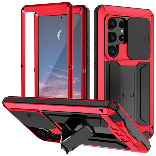 R-JUST Red Case PC + Silicone + Metal Back Shell with Slide Camera Lid - For Samsung Galaxy S24 Ultra