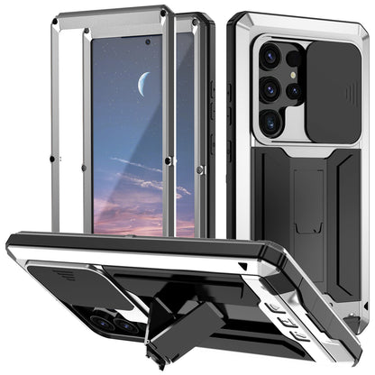 R-JUST Silver Case PC + Silicone + Metal Back Shell with Slide Camera Lid - For Samsung Galaxy S24 Ultra
