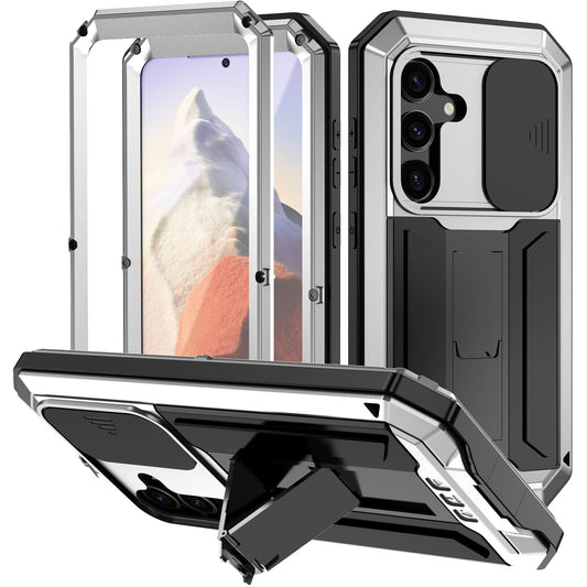 R-JUST Silver Case PC + Silicone + Metal Back Shell with Slide Camera Lid - For Samsung Galaxy S24