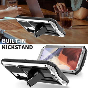 R-JUST Silver Case PC + Silicone + Metal Back Shell with Slide Camera Lid - For Samsung Galaxy S24