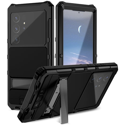 R-JUST Black Shockproof Case Kickstand Drop-proof Cover Tempered Glass Film - For Samsung Galaxy S24 Ultra