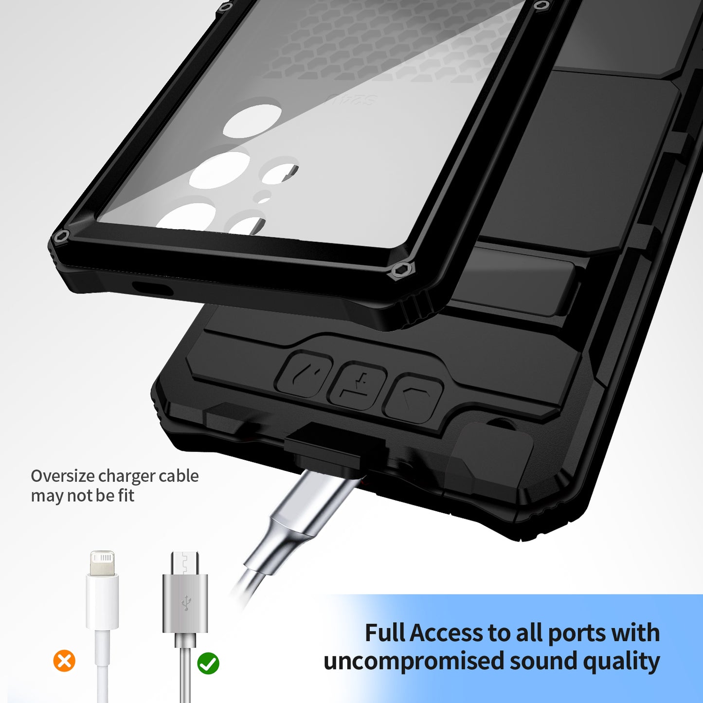 R-JUST Black Shockproof Case Kickstand Drop-proof Cover Tempered Glass Film - For Samsung Galaxy S24 Ultra