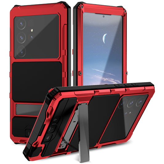 R-JUST Red Shockproof Case Kickstand Drop-proof Cover Tempered Glass Film - For Samsung Galaxy S24 Ultra