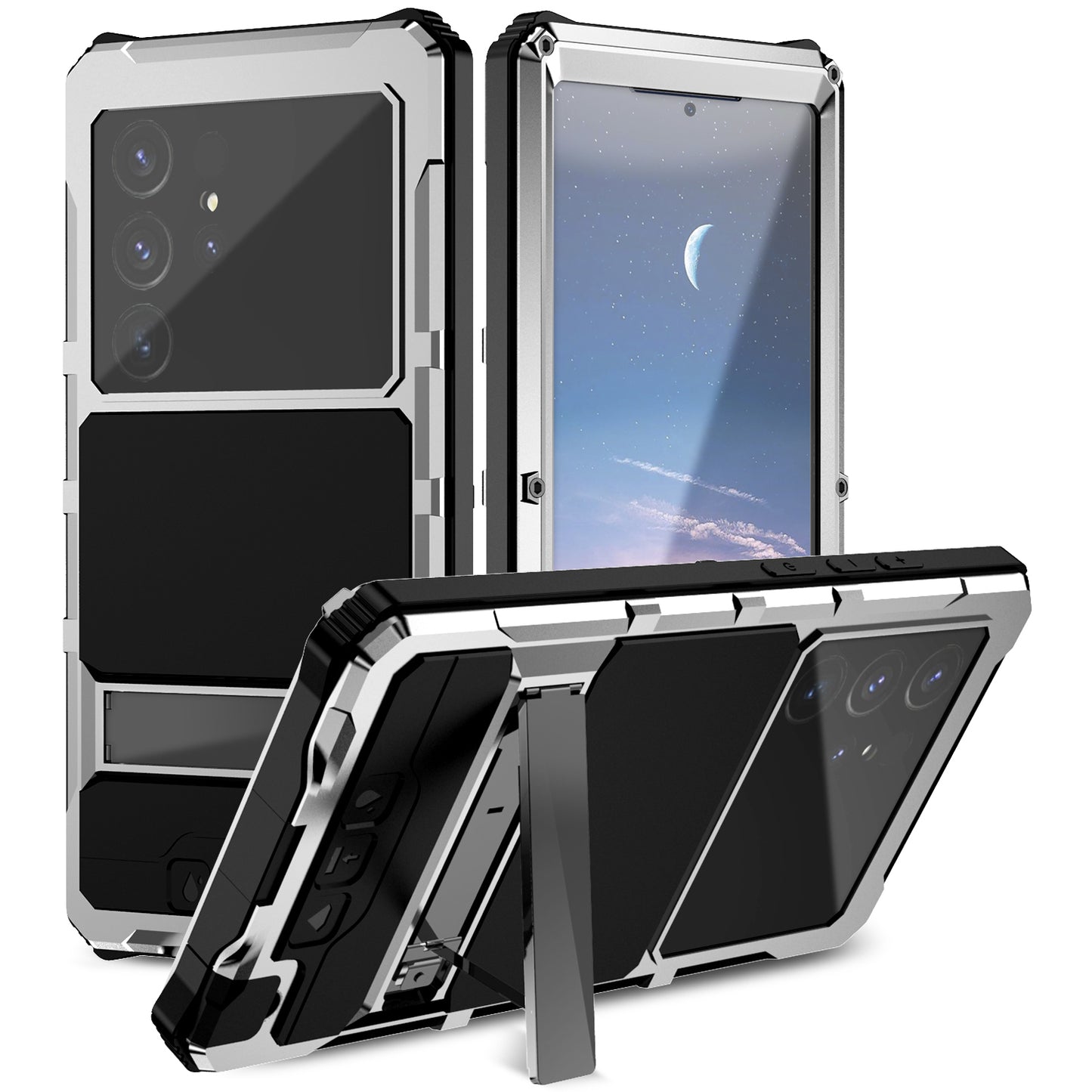 R-JUST Silver Shockproof Case Kickstand Drop-proof Cover Tempered Glass Film - For Samsung Galaxy S24 Ultra