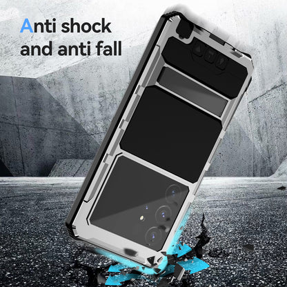 R-JUST Silver Shockproof Case Kickstand Drop-proof Cover Tempered Glass Film - For Samsung Galaxy S24 Ultra