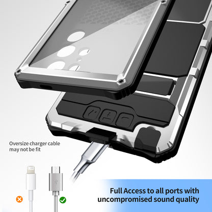 R-JUST Silver Shockproof Case Kickstand Drop-proof Cover Tempered Glass Film - For Samsung Galaxy S24 Ultra