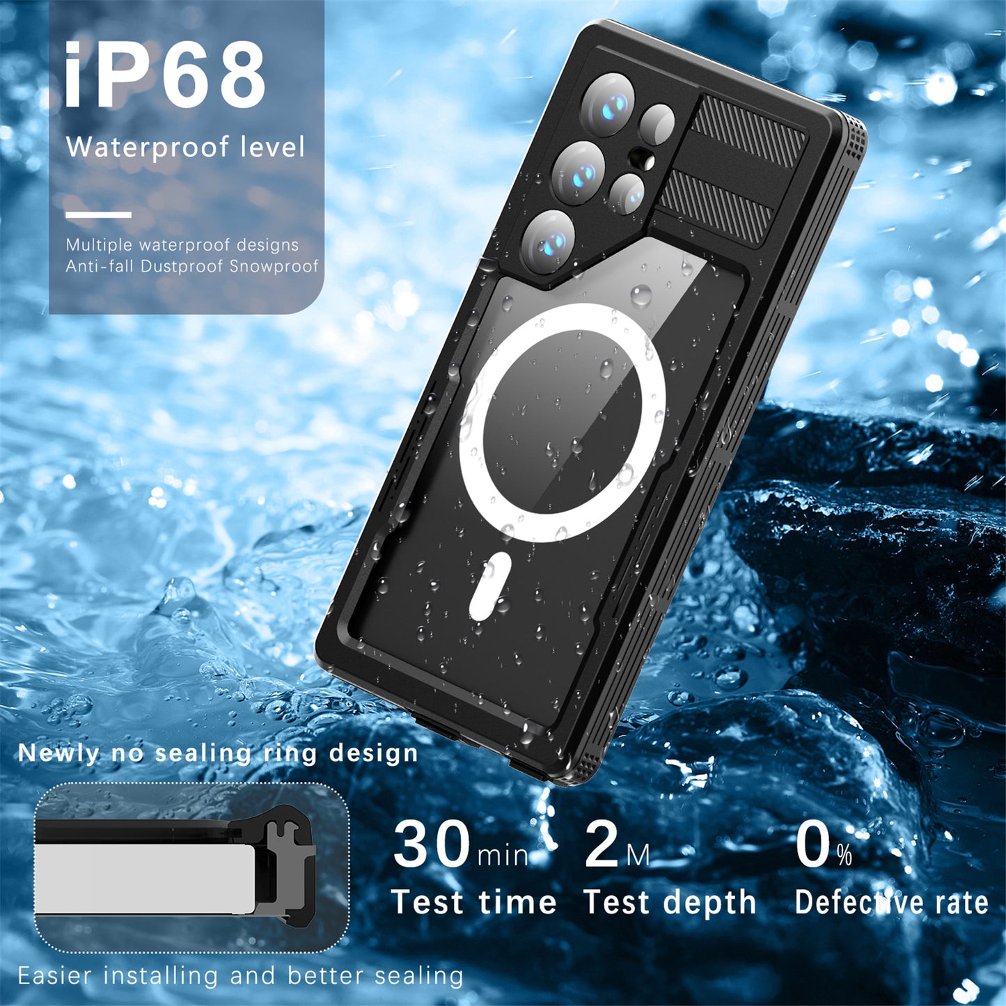 REDPEPPER Magnetic Phone case IP68 Waterproof Clear Black Back Cover - For Samsung Galaxy S24 Ultra