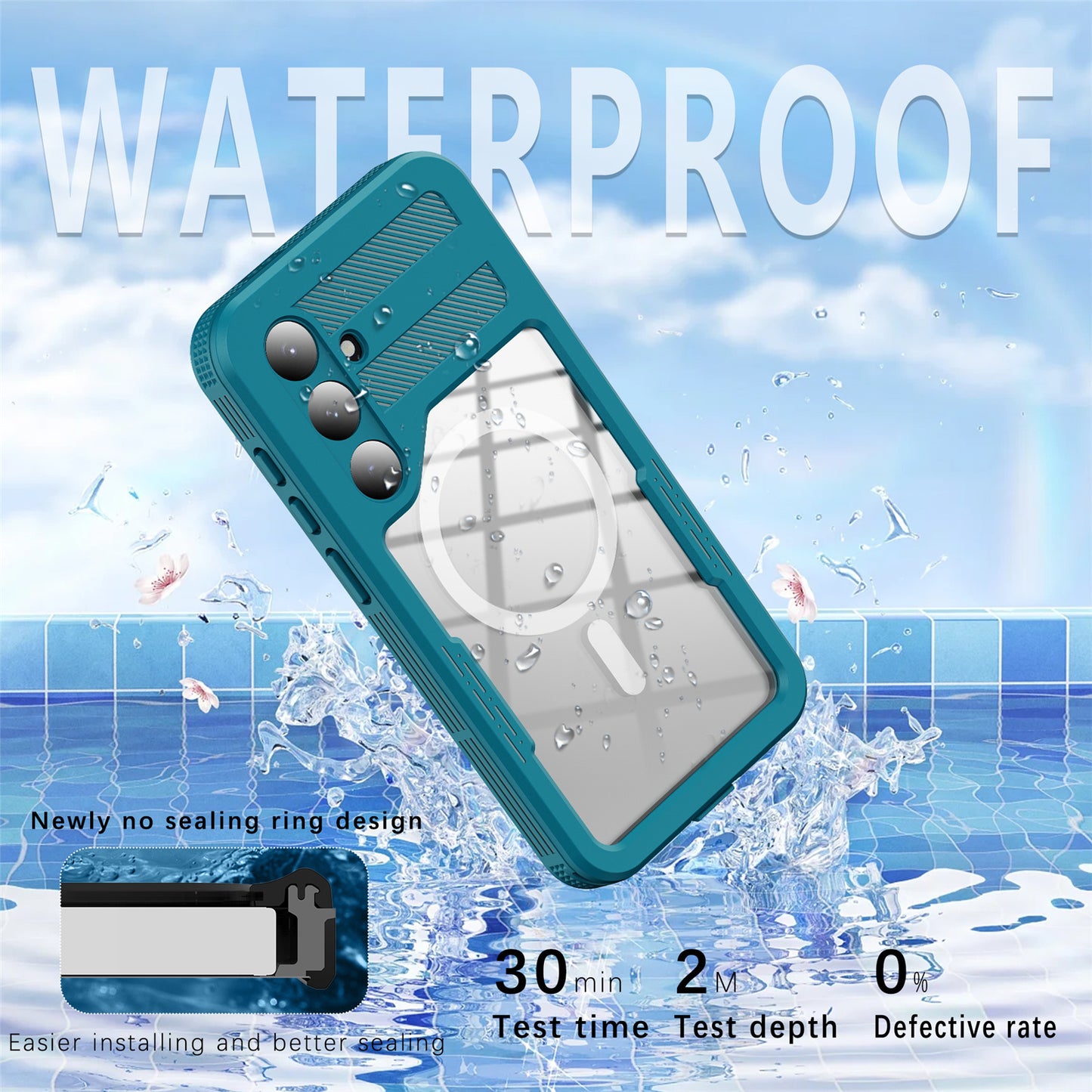 REDPEPPER Magnetic Phone Case IP68 Waterproof Clear Lake Blue+Cyan Back Cover - For Samsung Galaxy S24+