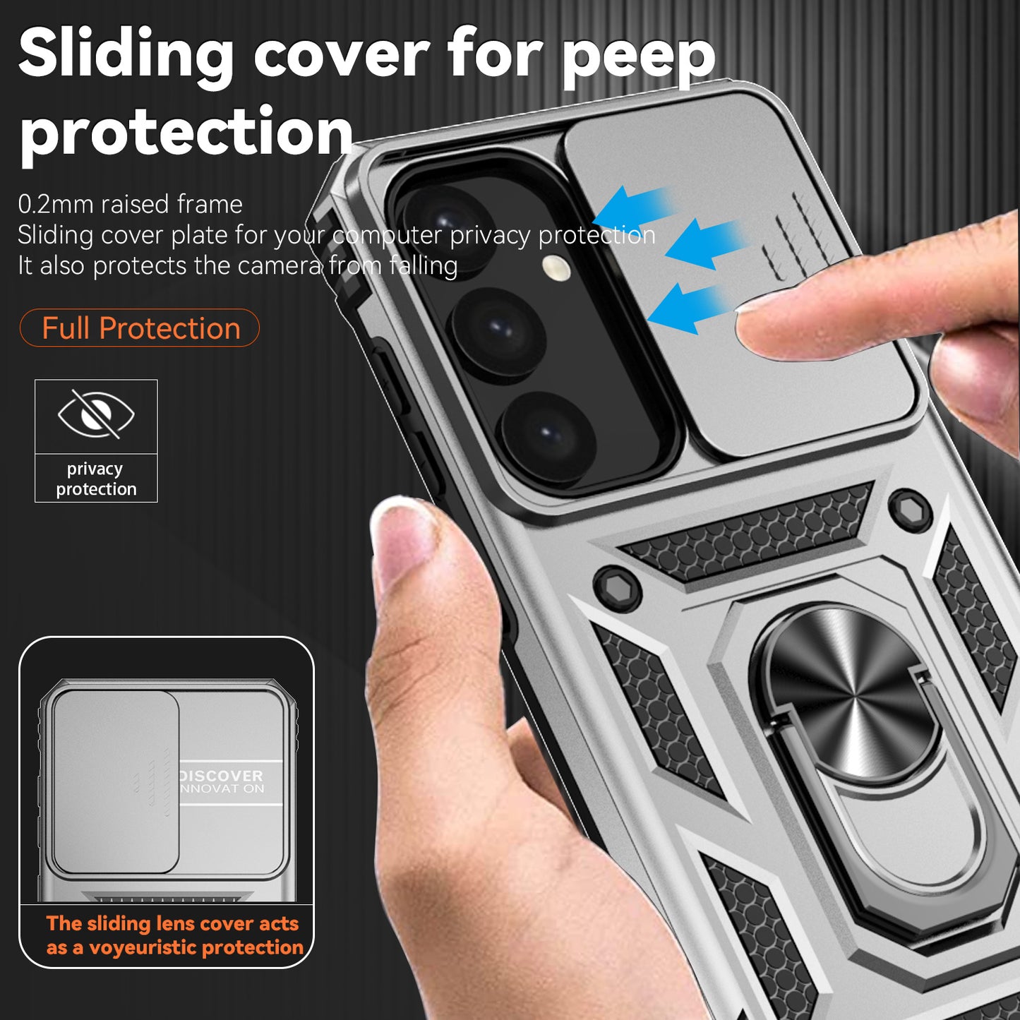 Case with Camera Slide Protector Kickstand PC+TPU Silver Phone Cover - For Samsung Galaxy S24