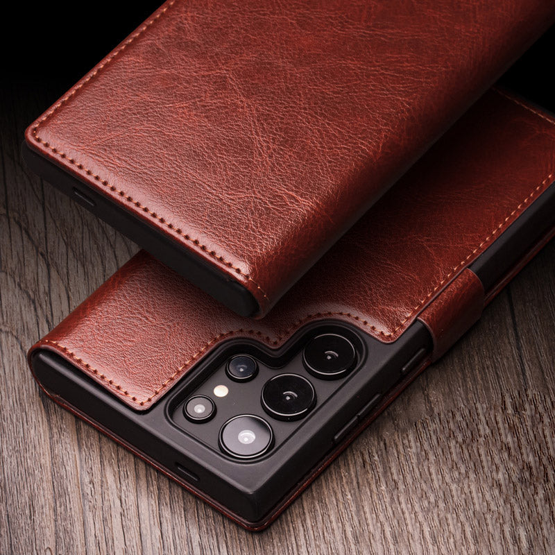 Qialino Wallet Case Genuine Cow Leather Brown Folio Flip Cover For Samsung Galaxy S24 Ultra - MosAccessories.co.uk