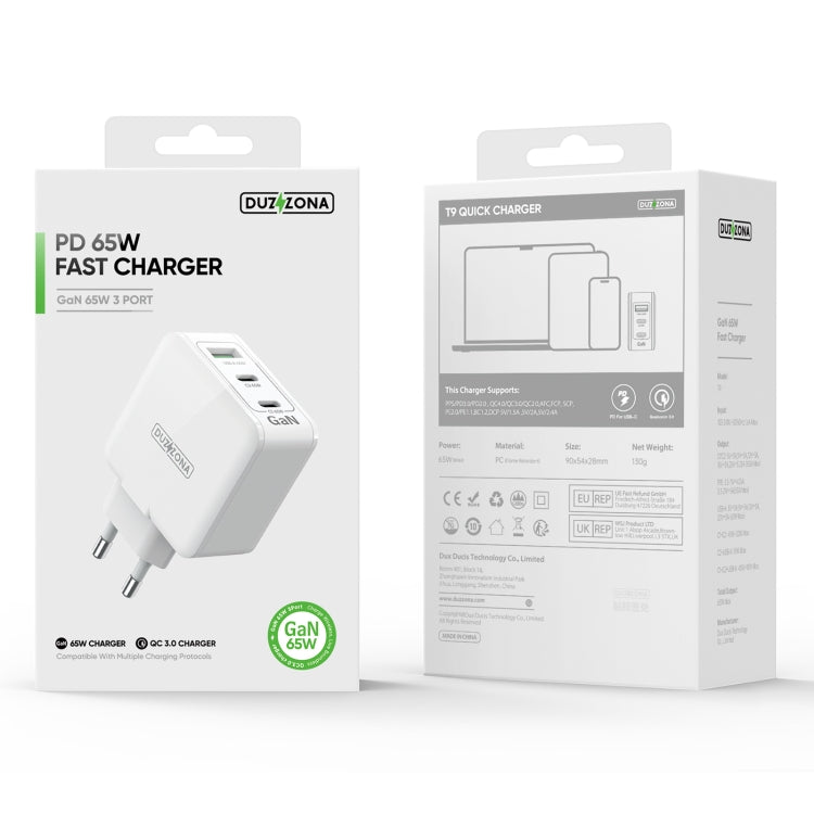 DUZZONA T9 65W Dual USB-C + USB White Mains Fast Charger (EU Plug) - mosaccessories