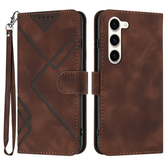 Line Pattern Skin Feel Leather Phone Case (Coffee) - For Samsung Galaxy S23 - mosaccessories