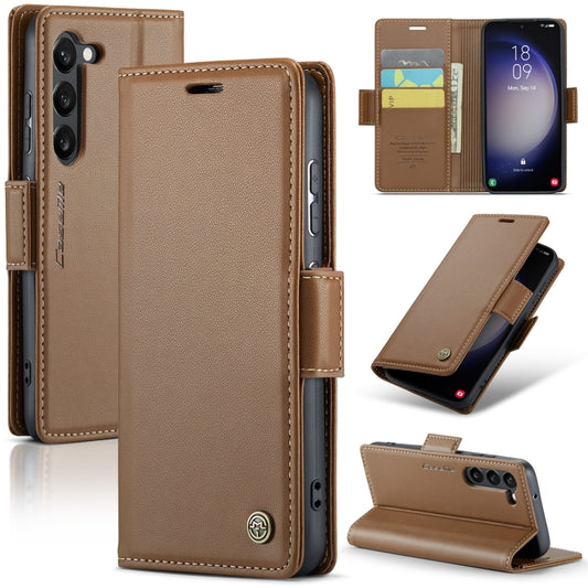 CaseMe Butterfly Buckle Litchi Texture RFID Anti-theft Wallet Phone Case (Brown) - For Samsung Galaxy S23 - mosaccessories