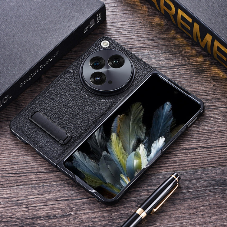 Litchi Texture PU Phone Case with Holder (Black) - For OnePlus Open - Mos Accessories