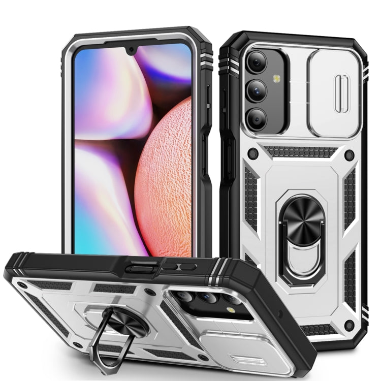 Sliding Camshield TPU + PC White/Black Phone Case with Holder - For Samsung Galaxy A15 - MosAccessories.co.uk