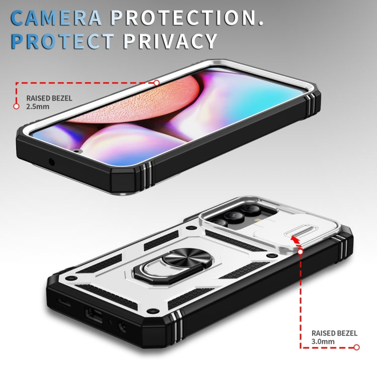 Sliding Camshield TPU + PC White/Black Phone Case with Holder - For Samsung Galaxy A15 - MosAccessories.co.uk