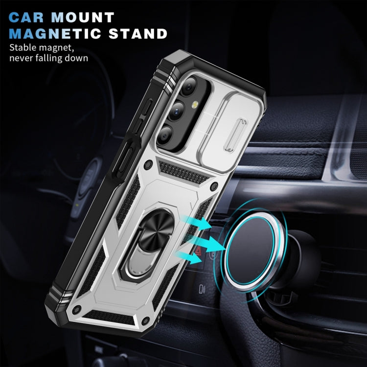 Sliding Camshield TPU + PC White/Black Phone Case with Holder - For Samsung Galaxy A15 - MosAccessories.co.uk