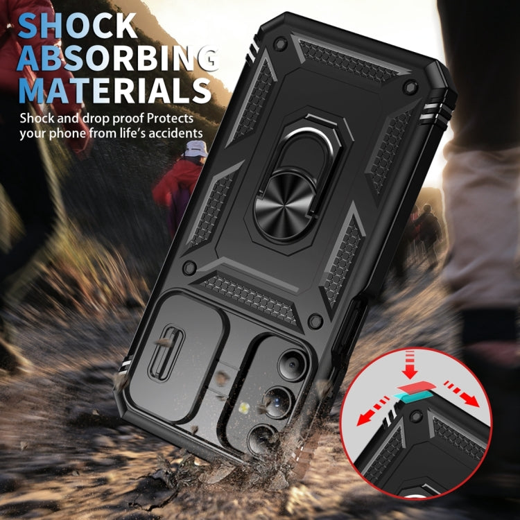 Sliding Camshield TPU + PC Black Phone Case with Holder - For Samsung Galaxy A15 - MosAccessories.co.uk