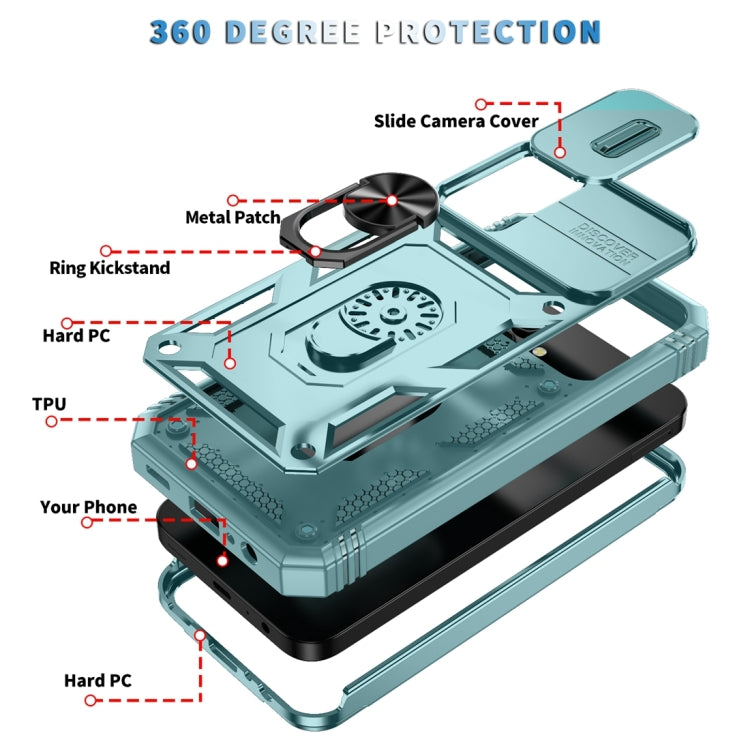 Sliding Camshield TPU + PC Green Phone Case with Holder - For Samsung Galaxy A15 - MosAccessories.co.uk