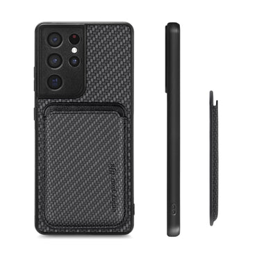 Carbon Fiber PU Leather Card MagSafe Magnetic Case - For Samsung Galaxy S21 Ultra - mosaccessories