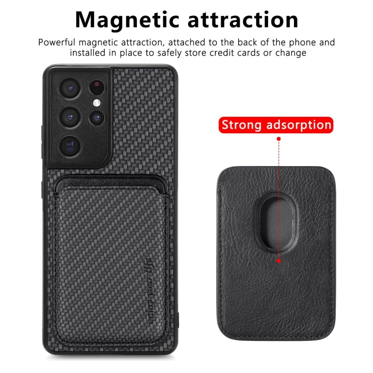 Carbon Fiber PU Leather Card MagSafe Magnetic Case - For Samsung Galaxy S21 Ultra - mosaccessories