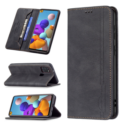 Magnetic RFID Blocking Anti-Theft PU Leather Wallet Case - For Samsung Galaxy A21s - mosaccessories